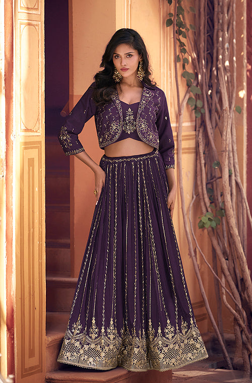 Purple Designer Embroidered Party Wear Jacket Style Chinon Lehenga