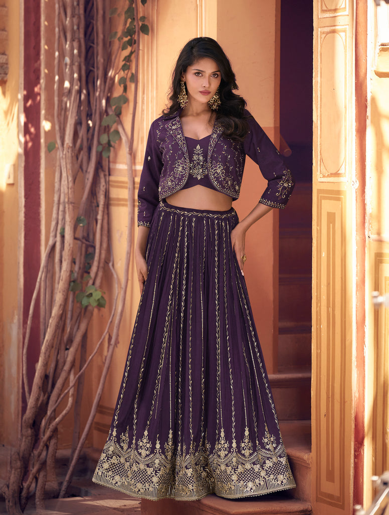 Purple Designer Embroidered Party Wear Jacket Style Chinon Lehenga-Saira's Boutique