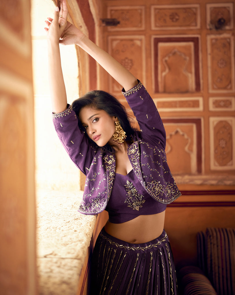 Purple Designer Embroidered Party Wear Jacket Style Chinon Lehenga-Saira's Boutique