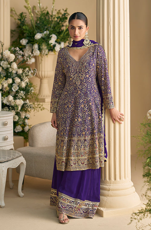 Purple Designer Embroidered Pure Georgette Wedding Palazzo Suit