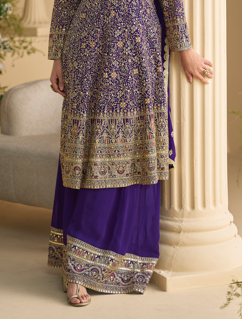 Purple Designer Embroidered Pure Georgette Wedding Palazzo Suit-Saira's Boutique