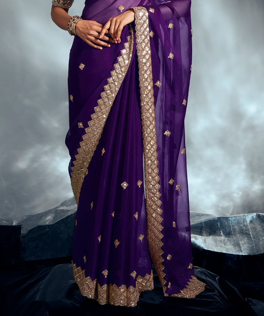 Purple Designer Embroidered Tissue Organza Wedding Party Wear Saree-Saira's Boutique