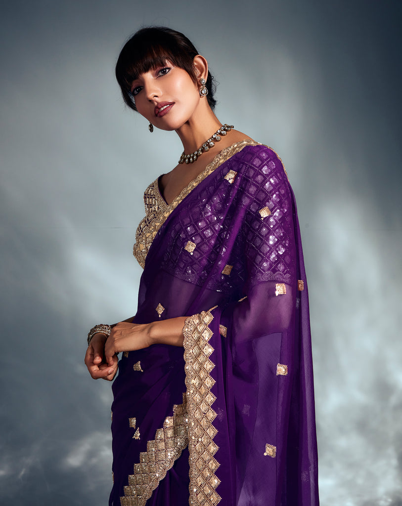 Purple Designer Embroidered Tissue Organza Wedding Party Wear Saree-Saira's Boutique