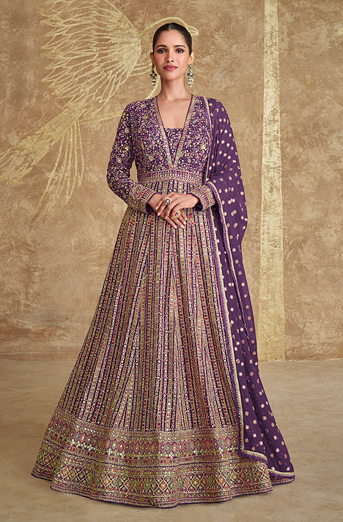 Purple Designer Heavy Embroidered Georgette Wedding Anarkali Gown