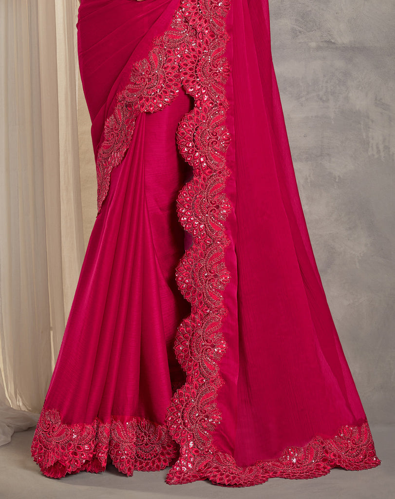 Raspberry Red Designer Embroidered Satin Chiffon Party Wear Saree-Saira's Boutique