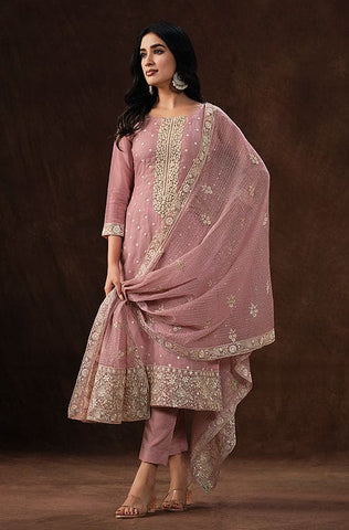 Peach & Taupe Designer Embroidered Silk Party Wear Sharara Suit