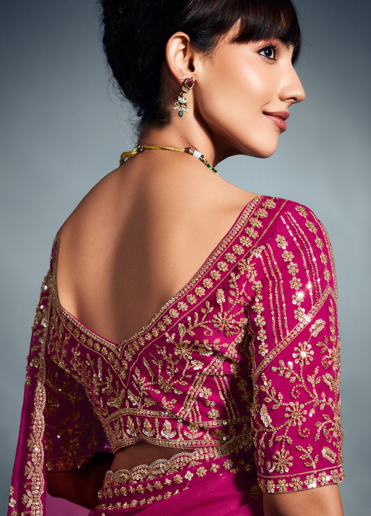 Royal Magenta Designer Embroidered Tissue Organza Wedding Party Wear Saree-Saira's Boutique