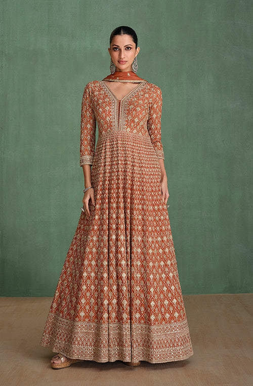 Rust Brown Designer Embroidered Pure Georgette Anarkali Gown