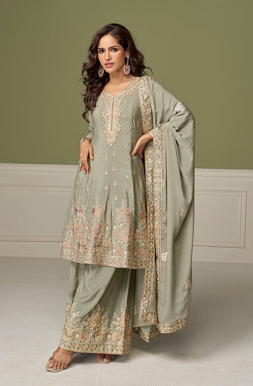 Sage Green Designer Embroidered Party Wear Kurti Style Palazzo Suit