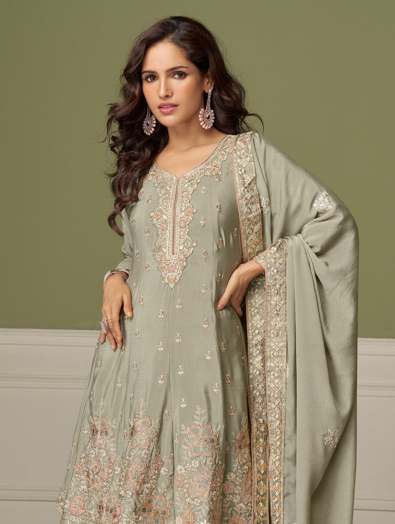 Sage Green Designer Embroidered Party Wear Kurti Style Palazzo Suit-Saira's Boutique