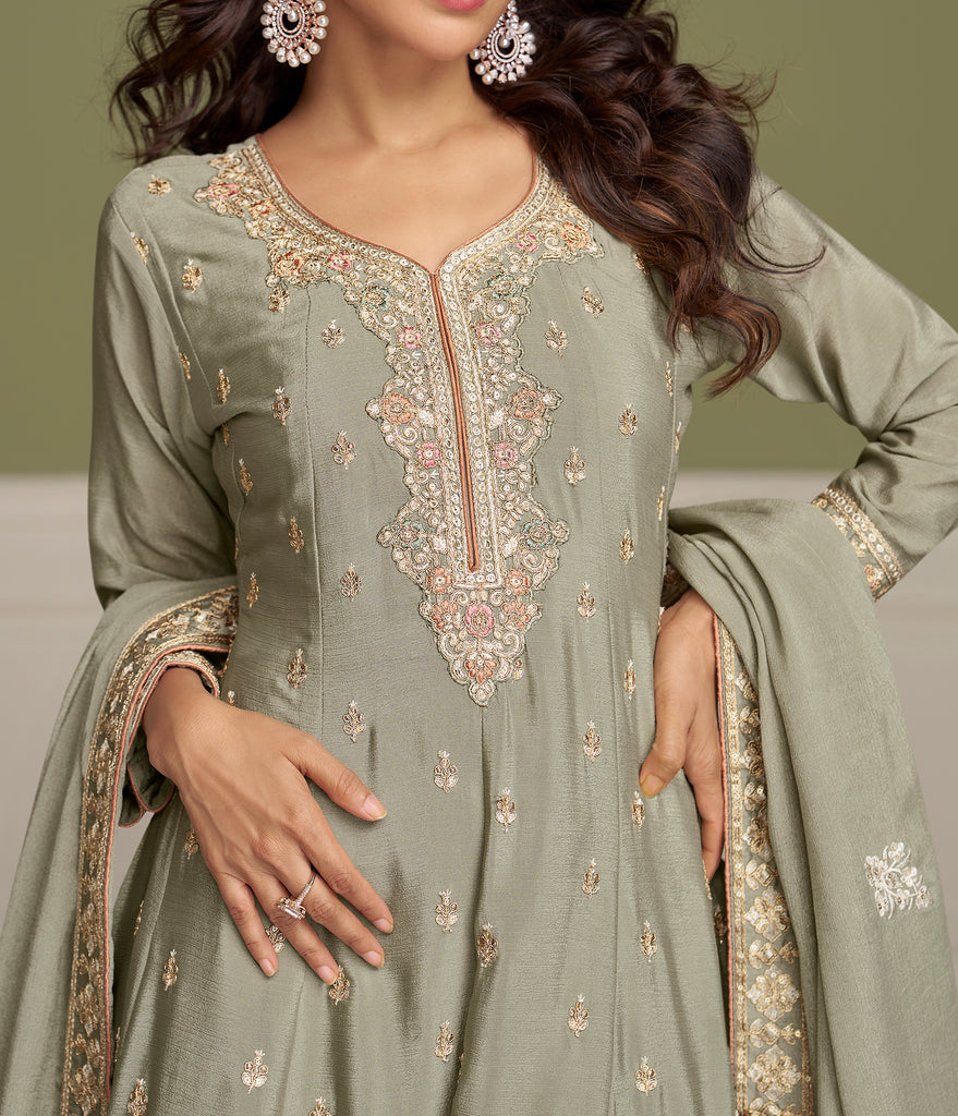 Sage Green Designer Embroidered Party Wear Kurti Style Palazzo Suit-Saira's Boutique