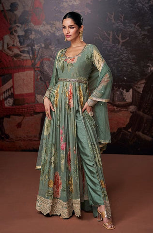 Magenta Designer Embroidered Georgette Chinon Silk Anarkali Gown