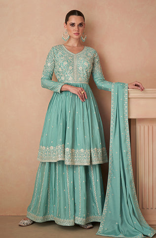 Pink Designer Embroidered Party Wear Sharara Suit