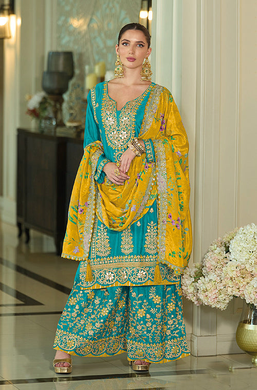 Teal & Mustard Designer Embroidered Chinon Silk Wedding Sharara Suit