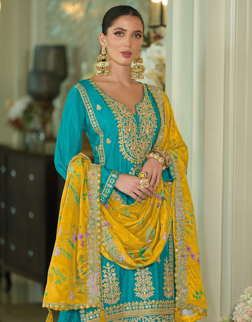 Teal & Mustard Designer Embroidered Chinon Silk Wedding Sharara Suit-Saira's Boutique
