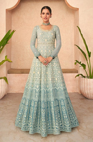 Sage Green Designer Embroidered Pure Georgette Pant Style Anarkali Gown