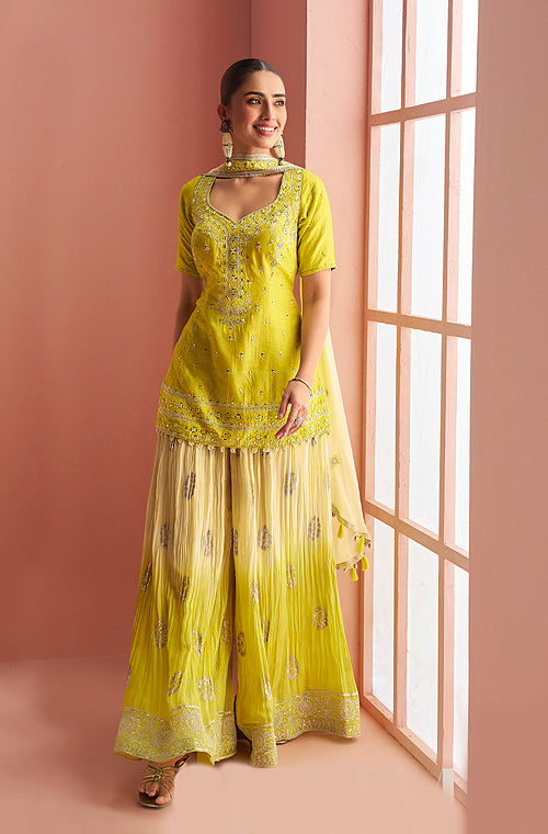 Shaded Citrus Yellow Designer Embroidered Chinon Silk Sharara Suit