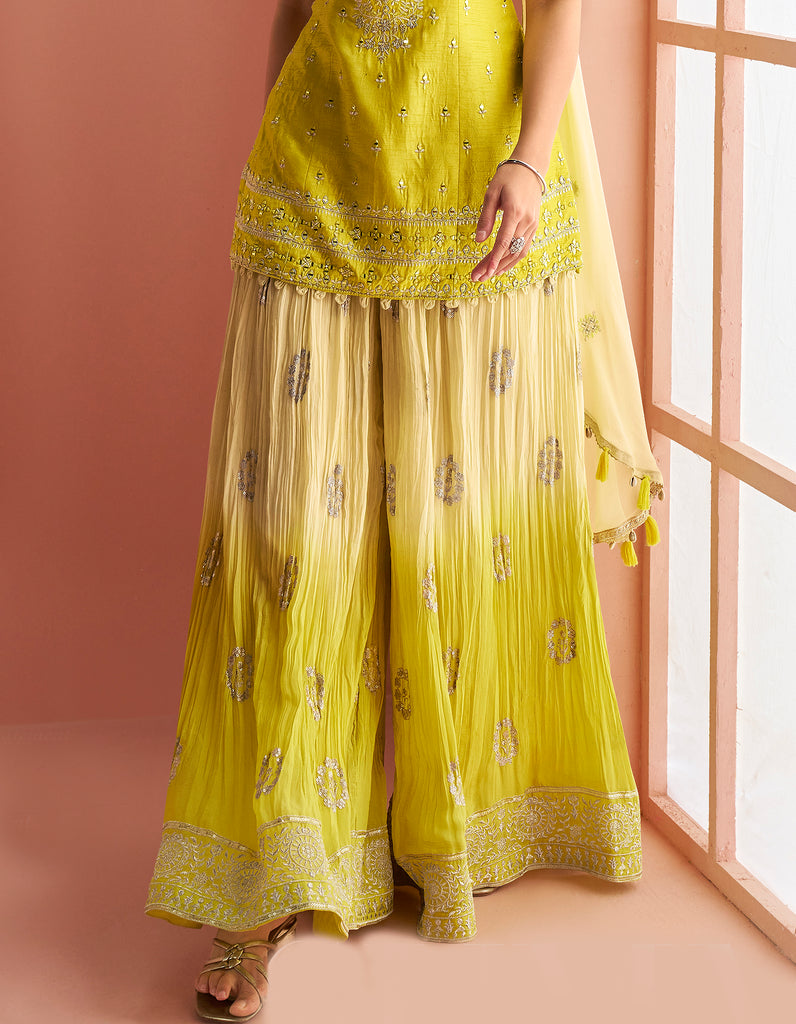 Shaded Citrus Yellow Designer Embroidered Chinon Silk Sharara Suit-Saira's Boutique