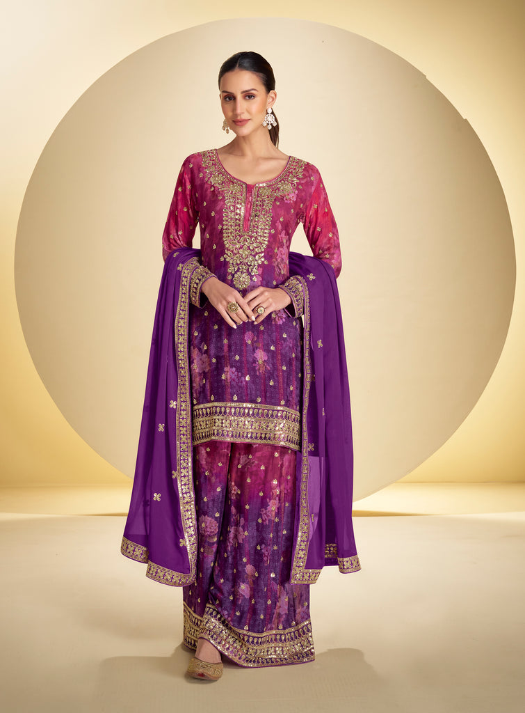 Shaded Magenta Purple Designer Embroidered Chinon Silk Sharara Suit-Saira's Boutique