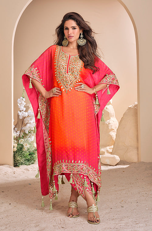 Shaded Orange Designer Embroidered Crepe Silk Party Wear Kaftan Suit