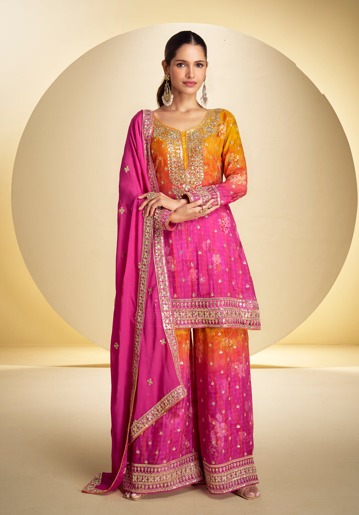 Shaded Pink Yellow Designer Embroidered Chinon Silk Sharara Suit-Saira's Boutique