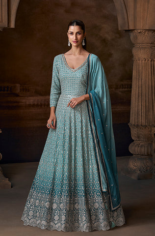 Shaded Blue Designer Heavy Embroidered Pure Georgette Wedding Anarkali Gown