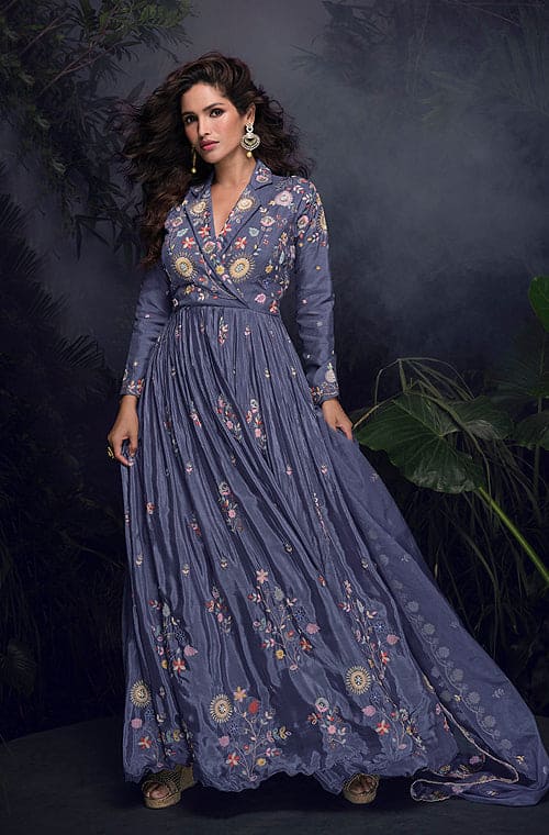 Slate Blue Designer Embroidered Chinon Silk Party Wear Anarkali Suit
