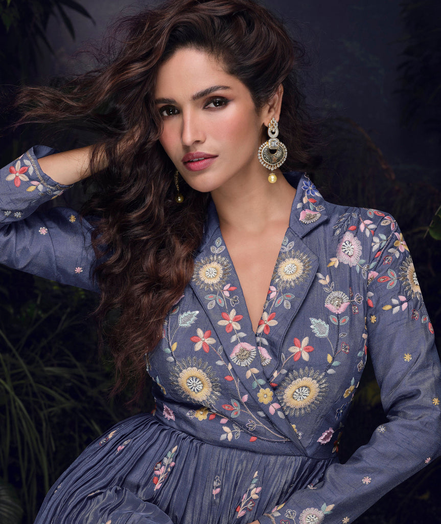 Slate Blue Designer Embroidered Chinon Silk Party Wear Anarkali Suit-Saira's Boutique
