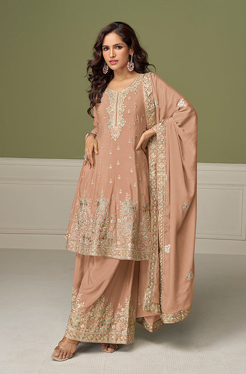 Taupe Designer Embroidered Party Wear Kurti Style Palazzo Suit