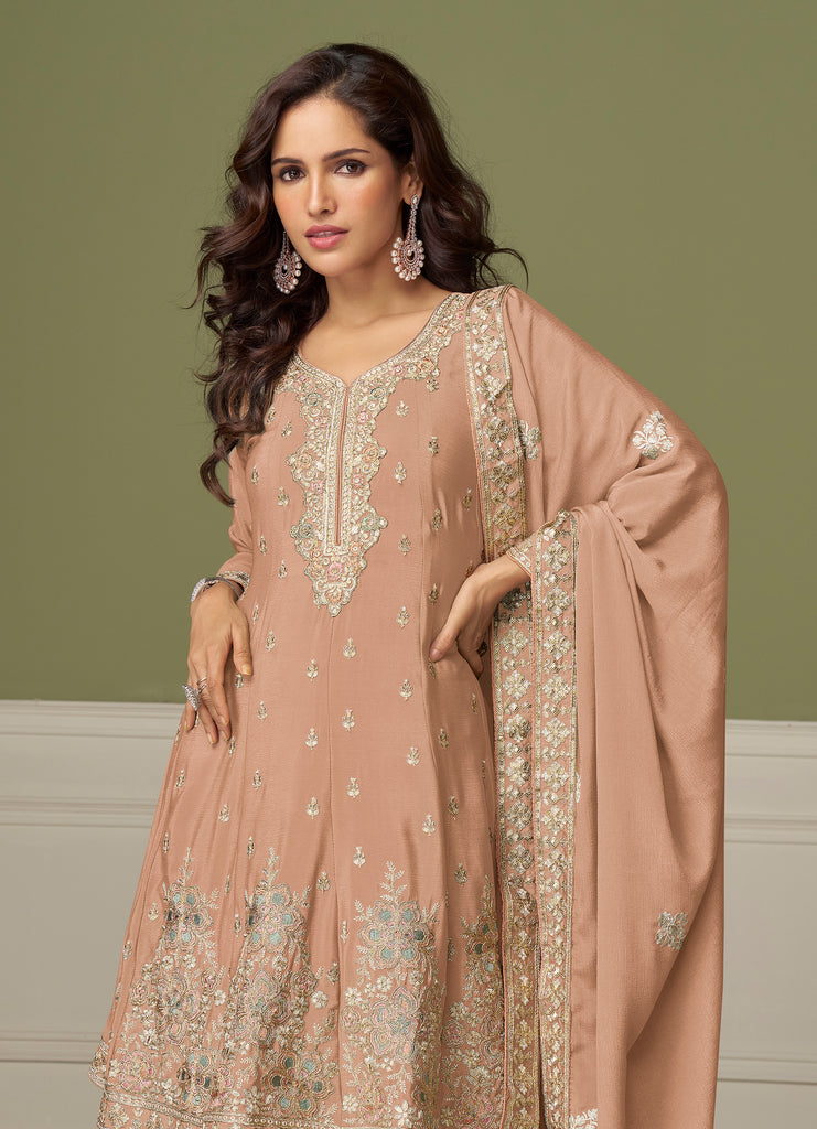 Taupe Designer Embroidered Party Wear Kurti Style Palazzo Suit-Saira's Boutique