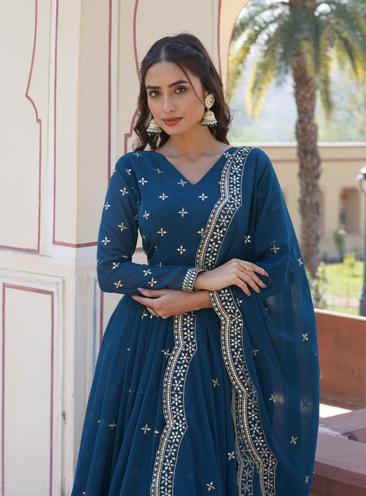 Teal Blue Designer Embroidered Faux Georgette Wedding Anarkali Suit-Saira's Boutique