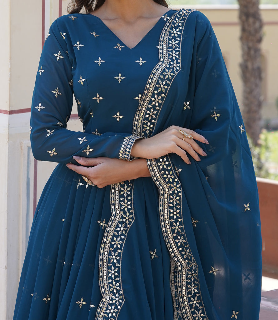 Teal Blue Designer Embroidered Faux Georgette Wedding Anarkali Suit-Saira's Boutique