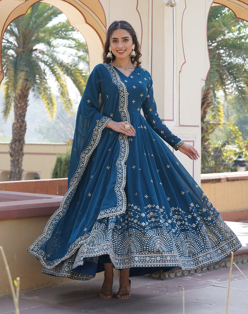 Teal Blue Designer Embroidered Faux Georgette Wedding Anarkali Suit-Saira's Boutique