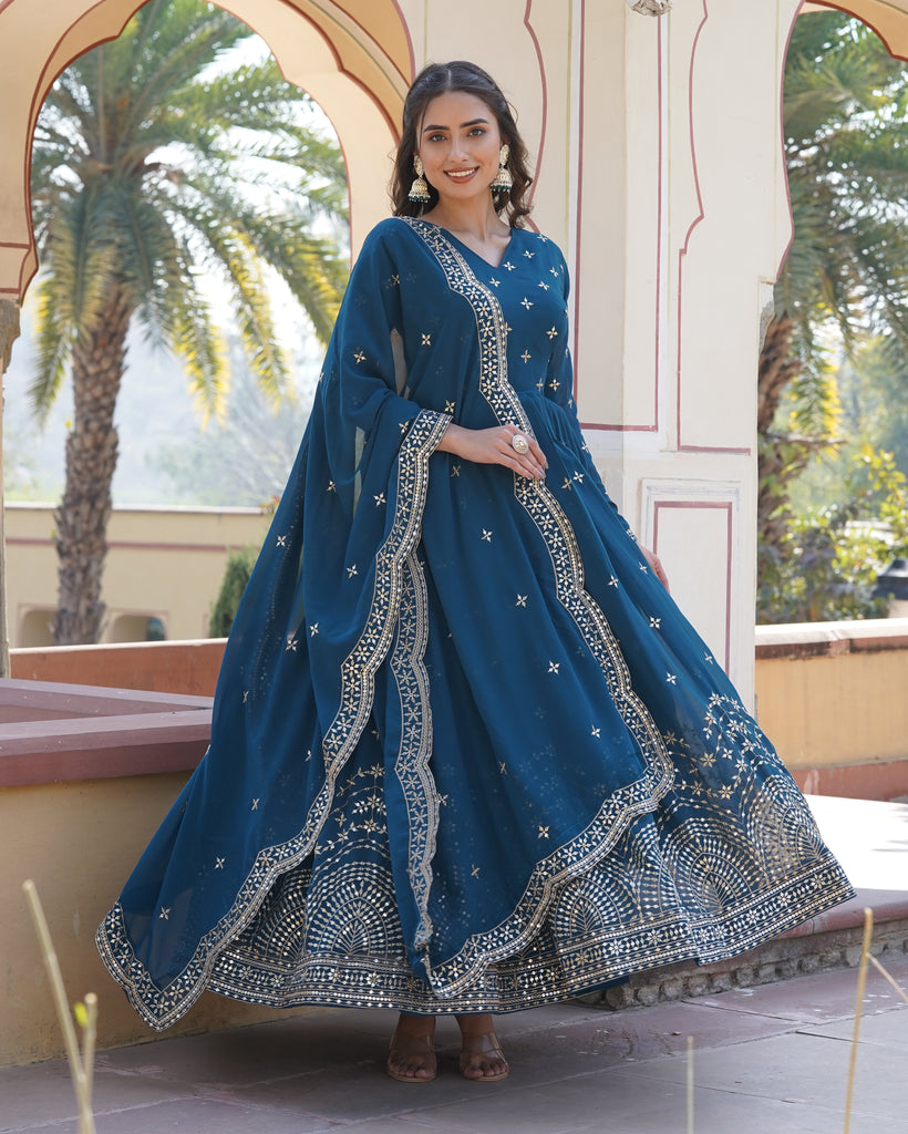 Teal Blue Designer Embroidered Faux Georgette Wedding Anarkali Suit-Saira's Boutique