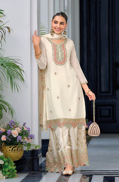 White Designer Embroidered Chinon Silk Party Wear Palazzo Suit