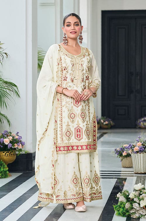 White Designer Embroidered Chinon Silk Wedding Palazzo Suit