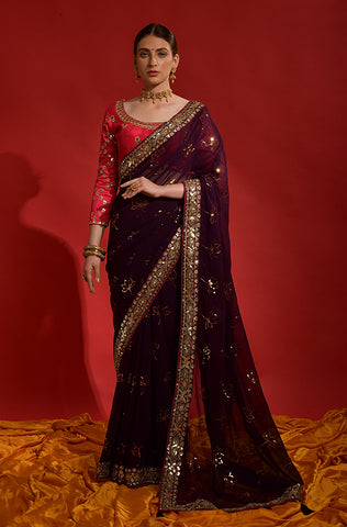 Rosewood Red Designer Embroidered Silk Wedding Saree