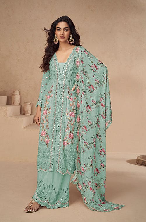 Winter Green Designer Embroidered Chinon Silk Party Wear Palazzo Suit