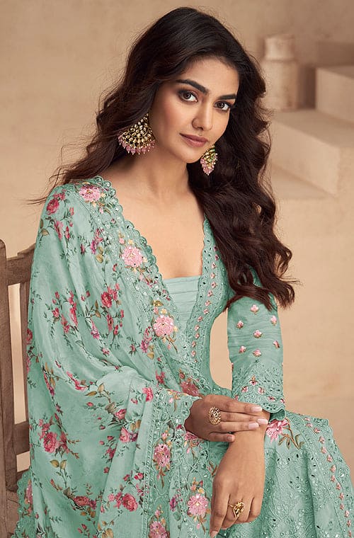 Winter Green Designer Embroidered Chinon Silk Party Wear Palazzo Suit-Saira's Boutique
