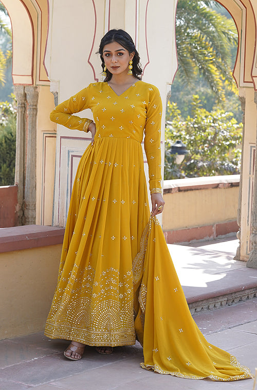 Yellow Designer Embroidered Faux Georgette Wedding Anarkali Suit