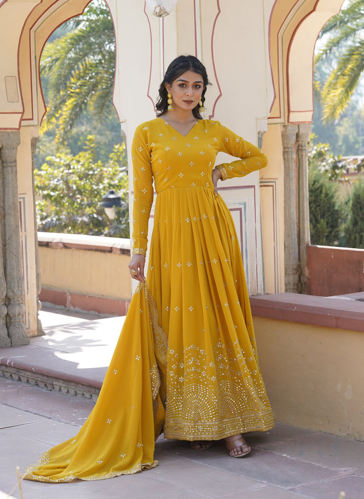 Yellow Designer Embroidered Faux Georgette Wedding Anarkali Suit-Saira's Boutique