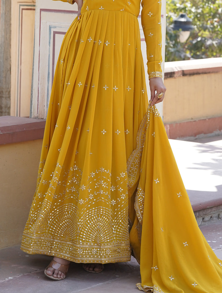 Yellow Designer Embroidered Faux Georgette Wedding Anarkali Suit-Saira's Boutique