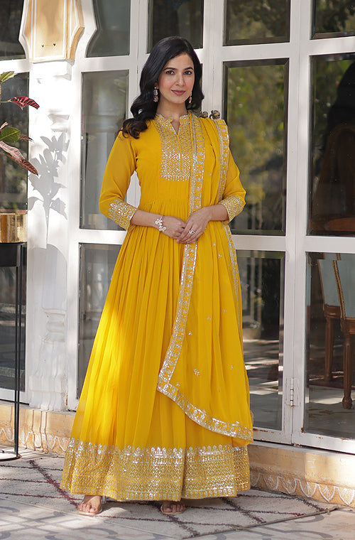 Yellow Designer Embroidered Haldi Outfits Anarkali Suit