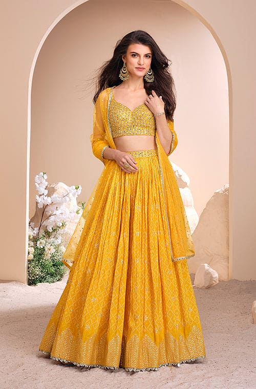Yellow Designer Embroidered Jacquard Silk Wedding Lehenga