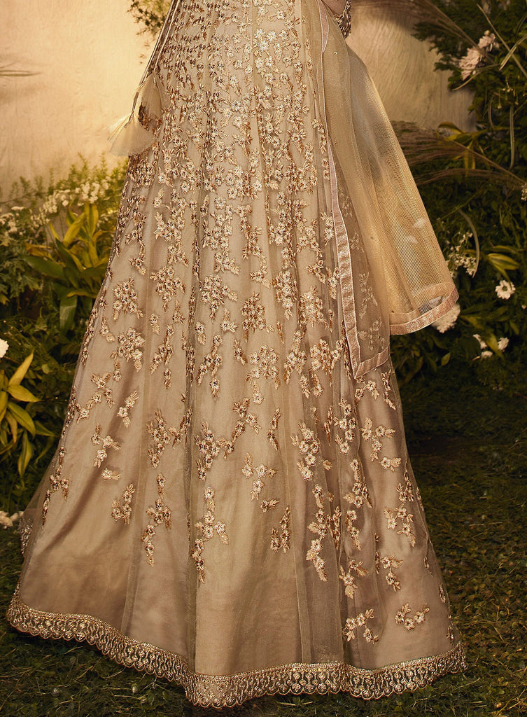 Beige Gold Designer Heavy Embroidered Wedding Anarkali Gown-Saira's Boutique