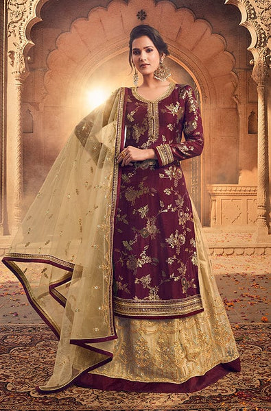 Deep Maroon Bridal Lehenga With Hand Emroidered Peacock Motifs And Two  Dupattas