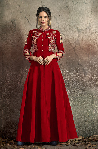 Ivory Beige Designer Embroidered Satin Silk Anarkali Gown