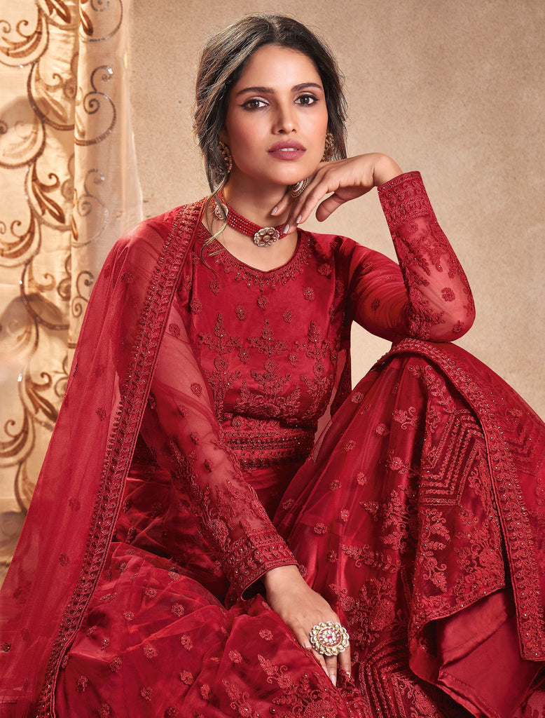 Cardinal Red Designer Embroidered Wedding Anarkali Suit-Saira's Boutique
