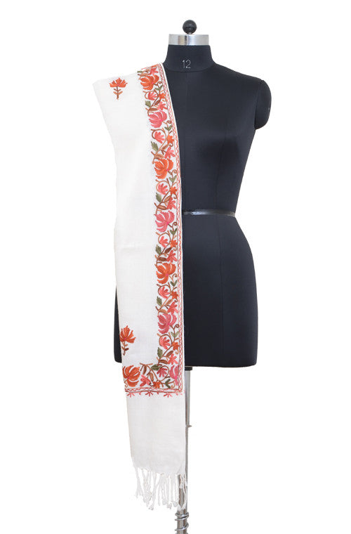 Gorgeous White Pure Pashmina Hand Embroidered Kashmiri Shawl