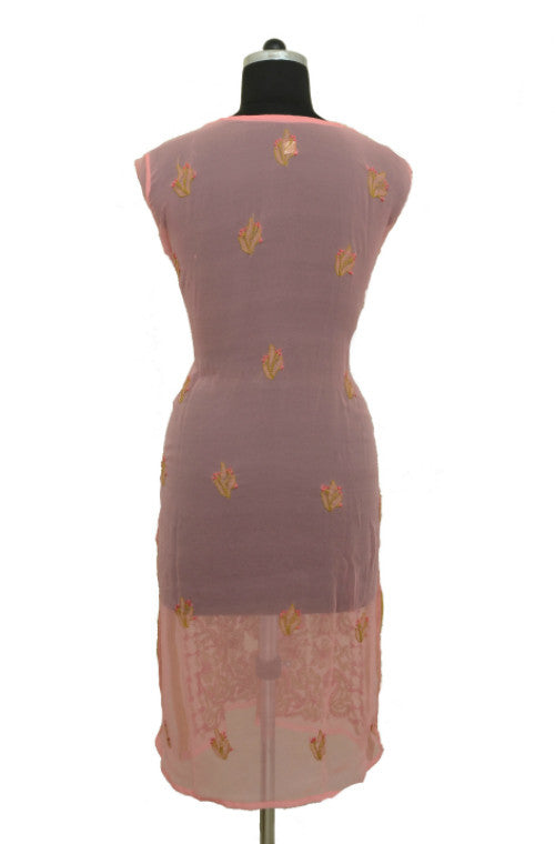 Pink Long Georgette Kurti with Chikankari Embroidery-Saira's Boutique